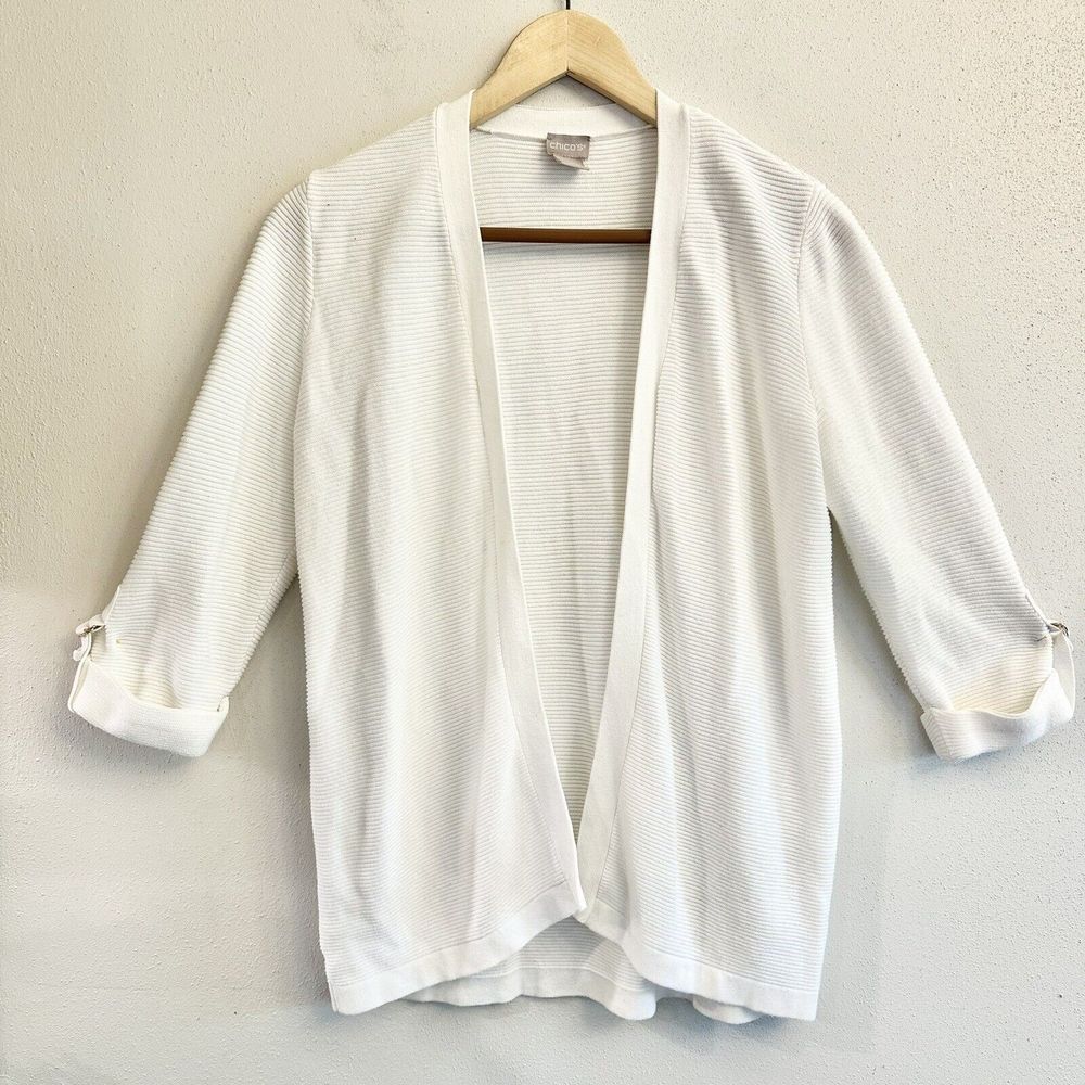 Chico’s 3/4 Sleeve Cardigan Sweater Ivory White Ribbed Gold Accents Size 1P
